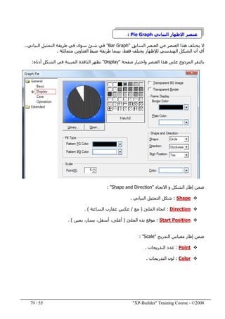 "XP-Builder" Training Course - ©200855/79
‫البياني‬ ‫اإلظھار‬ ‫عنصر‬Pie Graph:
‫السابق‬ ‫العنصر‬ ‫عن‬ ‫العنصر‬ ‫ھذا‬ ‫يختلف‬ ‫ال‬"Bar Graph"‫طريق‬ ‫في‬ ‫سوى‬ ‫شئ‬ ‫في‬‫ة‬‫البياني‬ ‫التمثيل‬..
‫أن‬ ‫أي‬‫متماثلة‬ ‫العناوين‬ ‫ضبط‬ ‫طريقة‬ ‫بينما‬ ،‫فقط‬ ‫يختلف‬ ‫لإلظھار‬ ‫الھندسي‬ ‫الشكل‬.
‫المزدوج‬ ‫بالنقر‬‫ھذا‬ ‫على‬‫العنصر‬‫واختيار‬‫صفحة‬"Display"‫أدناه‬ ‫الشكل‬ ‫في‬ ‫المبينة‬ ‫النافذة‬ ‫تظھر‬:
‫االتجاه‬ ‫و‬ ‫الشكل‬ ‫إطار‬ ‫ضمن‬"Shape and Direction: "
Shape:‫البياني‬ ‫التمثيل‬ ‫شكل‬.
Direction:‫الملئ‬ ‫اتجاه‬)‫مع‬/‫عق‬ ‫عكس‬‫ا‬‫الساعة‬ ‫رب‬. (
Start Position:‫الملئ‬ ‫بدء‬ ‫موقع‬)‫يمين‬ ،‫يسار‬ ،‫أسفل‬ ،‫أعلى‬. (
‫التدريج‬ ‫مقياس‬ ‫إطار‬ ‫ضمن‬"Scale: "
Point:‫التدريجات‬ ‫عدد‬.
Color:‫التدريجات‬ ‫لون‬.
 