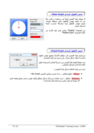 "XP-Builder" Training Course - ©200856/79
‫البياني‬ ‫اإلظھار‬ ‫عنصر‬Meter Graph:
‫عن‬ ً‫ا‬‫أيض‬ ‫العنصر‬ ‫ھذا‬ ‫يختلف‬ ‫ال‬ً‫ال‬‫بد‬ ‫لكن‬ ‫و‬ ،‫سابقيه‬
‫منطق‬ ‫ملئ‬ ‫اإلظھار‬ ‫مؤشر‬ ‫يكون‬ ‫أن‬ ‫من‬،‫معينة‬ ‫ة‬
‫قيمة‬ ‫بحسب‬ ‫متحركة‬ ‫إبرة‬ ‫اإلظھار‬ ‫مؤشر‬ ‫يصبح‬
‫معين‬ ‫مسجل‬.
‫الصفحة‬ ‫من‬"Display"‫من‬ ‫اإلبرة‬ ‫لون‬ ‫تغيير‬ ‫يمكن‬
‫الخاصية‬ ‫خالل‬"Neddle Color. "
‫البياني‬ ‫اإلظھار‬ ‫عنصر‬Closed Graph:
‫يستخد‬‫م‬‫ھذا‬‫إظھار‬ ‫مؤشر‬ ‫لوضع‬ ‫األحيان‬ ‫معظم‬ ‫في‬ ‫العنصر‬
‫المصمم‬ ‫قبل‬ ‫من‬ ‫يرسم‬ ‫بل‬ ،‫محدد‬ ‫شكل‬ ‫يملك‬ ‫ال‬ ‫بياني‬.
‫عن‬‫د‬‫شري‬ ‫من‬ ‫العنصر‬ ‫ھذا‬ ‫أيقونة‬ ‫ضغط‬‫ط‬‫تظھر‬ ‫البرمجية‬ ‫العناصر‬
‫المجاور‬ ‫الشكل‬ ‫في‬ ‫كما‬ ‫نافذة‬..
‫المؤشر‬ ‫ھذا‬ ‫شكل‬ ‫النافذة‬ ‫ھذه‬ ‫من‬ ‫نحدد‬:
Ellipse:‫مكافئ‬ ‫قطع‬...‫العنصر‬ ‫خصاص‬ ‫نفس‬ ‫له‬ ‫و‬Bar Graph!
Polygon:‫ّلع‬‫ض‬‫م‬..‫على‬ ‫وضعه‬ ‫يصلح‬ ‫بياني‬ ‫مؤشر‬ ‫ليكون‬ ‫ًع‬‫ل‬‫مض‬ ‫شكل‬ ‫أي‬ ‫رسم‬ ‫يمكننا‬ ‫حيث‬
‫الشاشة‬ ‫في‬ ‫مستخدم‬ ‫معين‬ ‫عنصر‬ ‫أو‬ ‫صورة‬ ‫أي‬.
 