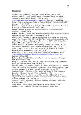 31
Bibliography:
Auerbach, Nina, and David J. Skal, eds, Dracula (London: Norton, 1997)
Casteras, Susan P., ‘Reader, Beware: Images of Victorian Women and Books’,
Nineteenth-Century Gender Studies, 3.1 (spring 2007),
<http://www.ncgsjournal.com/issue31/casteras.htm> [accessed 12 May 2014]
Conley, Carolyn A., ‘Rape and Justice in Victorian England’, Victorian Studies, 29.4
(summer, 1986), 519-536
DeLamotte, Eugenia C., Perils of the Night: A Feminist Study of Nineteenth-Century
Gothic (Oxford: Oxford University Press, 1990)
Dowling, Andrew, Manliness and the Male Novelist in Victorian Literature
(Hampshire: Ashgate, 2001)
Golden, Catherine J., Images of the Woman Reader in Victorian British and American
Fiction (Gainesville: University Press of Florida, 2003)
Heilman, Ann, ‘Narrating the Hysteric: Fin-de-Siècle Medical Discourse and Sarah
Grand’s The Heavenly Twins (1893)’, in The New Woman in Fiction and in Fact: Fin-
de-Siècle Femininisms, ed. by Angelique Richardson and Chris Willis (Hampshire:
Palgrave Macmillan, 2002), pp. 123-135
Jackson, Louise A., ‘Masculinity, ‘Respectability’ and the Child Abuser’, in Child
Sexual Abuse in Victorian England (London: Routledge, 2000), pp. 107-131
James, Henry, ‘The Turn of the Screw’, in The Turn of the Screw, ed. by Peter G.
Beidler (Boston: Bedford Books, 1995), pp. 21-116
Krafft-Ebing, Richard, Psycopathia Sexualis (London: Rebman Limited, 1906)
<https://archive.org/stream/psychopathiasex02krafgoog#page/n8/mode/2up>
[accessed 18 May 2014]
Lefkovitz, Lori Hope, The Character of Beauty in the Victorian Novel (Michigan:
UMI Research Press, 1984)
Lustig, T.J., ‘The Turn of the Screw’, in Henry James and the Ghostly (Cambridge:
Cambridge University Press, 1994), pp. 105-189
Macnish, Robert, ‘The Prophetic Character of Dreams, and Nightmare’, in Embodied
Selves: An Anthology of Psychological Texts 1830-1890, ed. by Jenny Bourne Taylor
and Sally Shuttleworth (Oxford: Clarendon Press, 1998), pp. 102-122
Navarette, Susan J., The Shape of Fear: Horror and the Fin de Siècle Culture of
Decadence (Kentucky: University Press of Kentucky, 1998)
Pykett, Lyn, ‘Woman’s ‘affectability’ and the Literature of Hysteria’, in The
‘Improper’ Feminine: The Women’s Sensation Novel and the New Woman Writing
(London: Routledge, 1992), pp. 164-176
Showalter, Elaine, Daughters of Decadence: Women Writers of the Fin-de-Siècle
(London: Virago, 2011)
Stoker, Bram, Dracula, ed. by Maurice Hindle (London: Penguin, 2010)
Unknown, ‘Most Hopelessly Evil Story’, Independent, 5 January 1899
 