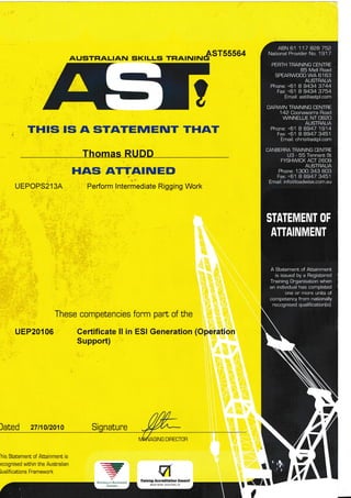 AUSTFIALIAN siKrLL€i rFlAuvrN$sr55564
THIS IS A STATEMEITT THAT
Thomas RUDD
HAS ATTATIUEE'
UEPOPS 213A Perform lntermediate Rigging Work
These competencies form part of the
UEP20{06 Certificate II in ESI Generation (Operation
Support)
lated 27rtono1o
'his
statement of Attainment is
ecognised within the Austnalian
Jualifications Framewonk
I
1
r.!tll ffituaining Accrcditation Coancil
WESfEBN AUSf PALIA
--
<
NATToNALLY RacocNrsED
,
ABN 61 117 8,2A752
National Provider No. 19'l 7
PERTH THAINING CENTHE
BS Mell Road
SPEABWOOD WA 5163
AUSTRALIA
Phone: +61 A 94343744
Fax: +61 A 9434 3754
Email: ast@astpl.com
DAHWIN TBAINING CENTBE
142 Coonawarra Road
WINNELLIE NT O82O
AUSTBALIA
Phone: +61 8 AS47 1514
Fax: +61 AA947 3451
Email: chris@astpl.com
CANBEBBA TBAINING CENTBE
U3 - 55 Tennant St
FYSHWICK ACT 2609
AUSTHALIA
Phone: 13O0 343 803
Fax: +61 AA947 3451
Email: info@loadwise.com.au
STATEMENT OF
miTTfr[iHilii
;
A Statement of Attainment
is issued by a Registered
Training Onganisation when
an individual has completed
one or mone units of
competency fnom nationally
recognised qualification{s}.
DIRECTOR
 