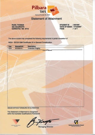 Pilbara
TAFE F
National Provider No. 0353
Statement of Attai nment
The above student has completed the following requirements in partialcompletion of
N024 - BCG31398 Certificate lll ln General Construction
BCG3041A Undertake Dogging
End of Record****t+**+*ia**1+***t****t
ISSUED WITHOUT ERASURE OH ALTERATION
This Statement of Attainment is recognised
within the Australian Qualifications Framework
RUDD, THOMAS
48A GALBRAITH
KARRATHA WA 6714
STUDENT lD : 0401681
DATE OF ISSUE : 1711212007
PAGE :1 ofl
Year Module/Unit
---
'-
:NATtoNALLY kcoGNrsED
TMIN!NG
fra in in g Accre d itatio n Co u nc iI
WESTERT AUSfFALIA
 