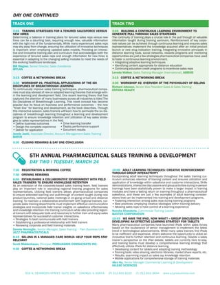 500 N. DEARBORN STREET, SUITE 500 CHICAGO, IL 60654 (P) 312.822.8100 (F) 312.602.3834 www.q1productions.com
7:30 REGISTRATION & MORNING COFFEE
7:50 OPENING REMARKS
8:00 ESTABLISHING A COLLABORATIVE ENVIRONMENT WITH FIELD
SALES TRAINERS TO ENSURE KNOWLEDGE RETENTION
As an extension of the corporate-based sales training team, field trainers
play an important role in executing regional training programs for sales
representatives. Utilizing field trainers allows pharmaceutical companies
to ensure extended learning and pull-through of content taught during new
product launches, national sales meetings or on-going virtual and distance
training. To maintain a collaborative environment with regional trainers, cor-
porate sales training departments must implement effective communication
strategies and incorporate field trainer insights on salesforce effectiveness
and knowledge retention into training curriculum while also providing region-
al trainers with adequate tools and resources to further train and equip sales
representatives for successful customer interactions.
• Strategies to best communicate with field trainers
• Establishing a professional relationship with field trainers
• Reviewing corporate and field training materials
Dennis Herceglic, Senior Manager, Sales Training – Pain Business Unit
JAZZ PHARMACEUTICALS
8:45 SELLING IN A MANAGED CARE WORLD: HELP YOUR REPS STAY
RELEVANT
Scott Moldenhauer, Principal, PERSUASION CONSULTANTS INC.
9:30 COFFEE & NETWORKING BREAK
5TH ANNUAL PHARMACEUTICAL SALES TRAINING & DEVELOPMENT
DAY TWO | TUESDAY, MARCH 24
10:00 ADULT LEARNING TECHNIQUES: CREATIVE REINFORCEMENT
THROUGH GROUP INTERACTIVITY
Incorporating adult learning techniques throughout the sales training cur-
riculum enhances retention of training content and ensures utilization and
application of knowledge within salesforce and customer interactions. Skills
demonstrations, interactive discussions and group activities during in-person
trainings have been statistically proven to make a larger impact in training
modules and have a lasting return on training throughout a pharmaceutical
salesforce, and these are just a few examples of adult learning consider-
ations that can be implemented into training and development programs.
• Fostering interaction among sales reps during training programs
• Best practices: employing creative ideologies within training delivery
• Allowing sales reps to have control of a learning experience
Neesha Khanderia, Commercial Training Leader
BAXTER CORPORATION
10:45 WE HAVE THE IPAD, NOW WHAT? – GROUP DISCUSSION ON
DEVELOPING AN EFFECTIVE LEARNING STRATEGY FOR TABLETS
Many pharmaceutical companies have launched iPads within sales forces
based on the exuberance of senior management to implement the latest
trend in technological advancements. While many sales trainers find iPads
to be inefficient and expensive, others welcome the opportunity to utilize an
innovative tool to further retention and continuous learning. Despite a sales
trainer’s perspective on the iPad debate, tablets are currently here to stay,
and training teams must develop a comprehensive learning strategy that
effectively utilizes iPads for distance learning.
• Developing content for tablets and adapting training methodology
• Training tools: video sharing, electronic libraries, market share reports, etc.
• Results: examining impact on sales rep knowledge retention
• Mobile applications for comprehensive storage of training materials
Alex Au, Senior Manager Commercial Learning & Development
GILEAD SCIENCES
2:45 TRAINING STRATEGIES FOR A TENURED SALESFORCE VERSUS
NEW HIRES
Determining a balance in training plans for tenured sales reps versus new
hires can be a daunting task, requiring enough new, valuable information
with the right mix of the fundamentals. While many experienced sales reps
may shy away from change, ensuring the utilization of innovative techniques
is important when employing updated sales models. Providing an interac-
tive and innovative training plan and curriculum that acknowledges both the
experience of tenured sales reps and enough information for new hires is
essential in adapting to the changing selling modules to meet the needs of
the evolving healthcare landscape.
Bill Wagner, Senior Director, Sales Excellence
MYLAN
2:45 BUILDING A CONTINUOUS LEARNING ENVIRONMENT TO
GENERATE PULL THROUGH SALES STRATEGIES
The continuity of training plays a crucial role in the pull through of valuable
information taught during training seminars. Reinforcement of key corpo-
rate values can be achieved through continuous learning and ensures sales
representatives implement the knowledge acquired after an initial product
launch or new drug indication training. Integrating innovative principals in
distance learning tools, social networks, rewards programs and mentoring
opportunities are just a few strategies pharmaceutical companies have used
to foster a continuous learning environment.
• Integrating adaptive learning techniques
• Identifying content appropriate for distance education
• Continuing education credit programs to incentivize sales reps
Levoda Walker, Sales Training Manager (International), ABBVIE
3:15 COFFEE & NETWORKING BREAK 3:15 COFFEE & NETWORKING BREAK
3:30 WORKSHOP #1: PRACTICAL APPLICATIONS OF THE SIX
DISCIPLINES OF BREAKTHROUGH LEARNING
To continuously improve sales training techniques, pharmaceutical compa-
nies must stay abreast of new or adapted learning theories that emerge with-
in the learning and development field. One recent learning theory that has
captured the attention of many businesses across all industries is titled The
Six Disciplines of Breakthrough Learning. This novel concept has become
popular due its focus on business and performance outcomes – the new
“finish line” for learning and development, as the book describes. Through
this interactive session, sales trainers will learn how to permeate the six dis-
ciplines of breakthrough learning throughout a learning and development
program to ensure knowledge retention and utilization of key sales strate-
gies by sales representatives in the field.
• Define business outcomes
• Design the complete experience
• Deliver for application
Jennie Joshi, Associate Director, Account Management Sales Training
BAYER
3:30 WORKSHOP #2: OVERVIEW OF THE PSYCHOLOGY OF SELLING
Richard Johnson, Senior Vice President Sales & Sales Training
ENTERA HEALTH
5:30 CLOSING REMARKS & DAY ONE CONCLUSION
• Drive learning transfer
• Deploy performance support
• Document results
DAY ONE CONTINUED
TRACK ONE TRACK TWO
 