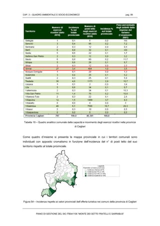 CAP. 3 – QUADRO AMBIENTALE E SOCIO-ECONOMICO pag. 99
PIANO DI GESTIONE DEL SIC ITB041106 “MONTE DEI SETTE FRATELLI E SARRABUS”
Tabella 19 – Quadro analitico comunale della capacità e movimento degli esercizi ricettivi nella provincia
di Cagliari
Come quadro d’insieme si presenta la mappa provinciale in cui i territori comunali sono
individuati con apposito cromatismo in funzione dell’incidenza del n° di posti letto del suo
territorio rispetto al totale provinciale.
Figura 54 – Incidenza rispetto ai valori provinciali dell’offerta turistica nei comuni della provincia di Cagliari
 