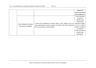 CAP. 4 – VALUTAZIONE DELLA COERENZA ESTERNA DEGLI OBIETTIVI DI PIANO PAG. 119
PIANO DI GESTIONE DEL SIC ITB041106 “MONTE DEI SETTE FRATELLI E SARRABUS”
relazioni che
elecanto gli obiettivi
della pianificazione.
Piano Urbanistico Comunale
del Comune di Castiadas
Il controllo della classificazione territoriale relativa al piano, effettuato anche nel
quadro programmatorio del piano di gestione, non mette in rilievo delle incongruenze
tra il piano e gli obiettivi di tutela ambientale.
Il Piano Urbanistico
Comunale di
Castiadas è stato
definitivamente
approvato e integrato
con D.C.C. 31/2005 e
36/2005. Gli elaborati
non presentano
relazioni che elecanto
gli obiettivi della
pianificazione.
 