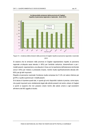 CAP. 3 – QUADRO AMBIENTALE E SOCIO-ECONOMICO pag. 30
PIANO DI GESTIONE DEL SIC ITB041106 “MONTE DEI SETTE FRATELLI E SARRABUS”
Figura 13 – incidenza delle emissioni della provincia di Cagliari rispetto al panorama regionale e nazionale
2010
Si osserva che le emissioni nella provincia di Cagliari rappresentano rispetto al panorama
regionale un’aliquota assai elevata (> 80%) per l’anidride carbonica, diossine/furani e per i
metalli pesanti; rappresentano una aliquota in linea con la ripartizione dell’estensione territoriale
(circa il 30%) per metano e protossido d’azoto, mentre risulta significativamente elevata (50-
60%) per gli altri inquinanti.
Rispetto al panorama nazionale l’incidenza risulta compresa tra l’1-3% col valore inferiore per
gli IPA, e quello superiore per i metalli pesanti.
Si è deciso di riportare questi dati, in quanto gli unici disponibili, tuttavia si precisa, come sopra,
che questi inquinanti sono strettamente legati alle attività presenti nel centro urbano di Cagliari
e quindi si suppone che non possano creare rischio alla salute umana e agli ecosistemi
all’interno del SIC oggetto di studio.
 