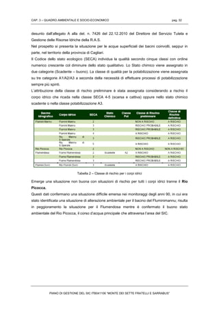 CAP. 3 – QUADRO AMBIENTALE E SOCIO-ECONOMICO pag. 32
PIANO DI GESTIONE DEL SIC ITB041106 “MONTE DEI SETTE FRATELLI E SARRABUS”
desunto dall’allegato A alla det. n. 7426 del 22.12.2010 del Direttore del Servizio Tutela e
Gestione delle Risorse Idriche della R.A.S.
Nel prospetto si presenta la situazione per le acque superficiali dei bacini coinvolti, seppur in
parte, nel territorio della provincia di Cagliari.
Il Codice dello stato ecologico (SECA) individua la qualità secondo cinque classi con ordine
numerico crescente col diminuire dello stato qualitativo. Lo Stato chimico viene assegnato in
due categorie (Scadente – buono). La classe di qualità per la potabilizzazione viene assegnata
su tre categorie A1/A2/A3 a seconda della necessità di effettuare processi di potabilizzazione
sempre più spinti.
L’attribuzione della classe di rischio preliminare è stata assegnata considerando a rischio il
corpo idrico che ricada nella classe SECA 4-5 (scarsa e cattiva) oppure nello stato chimico
scadente o nella classe potabilizzazione A3.
Tabella 2 – Classe di rischio per i corpi idrici
Emerge una situazione non buona con situazioni di rischio per tutti i corpi idrici tranne il Rio
Picocca.
Questi dati confermano una situazione difficile emersa nei monitoraggi degli anni 90, in cui era
stato identificata una situazione di alterazione ambientale per il bacino del Fluminimannu; risulta
in peggioramento la situazione per il Flumendosa mentre è confermato il buono stato
ambientale del Rio Picocca, il corso d’acqua principale che attraversa l’area del SIC.
 
