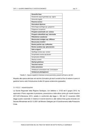 CAP. 3 – QUADRO AMBIENTALE E SOCIO-ECONOMICO pag. 51
PIANO DI GESTIONE DEL SIC ITB041106 “MONTE DEI SETTE FRATELLI E SARRABUS”
Oenanthe lisae
Orobanche rapum-genistae ssp. rigens
Osmunda regalis
Paeonia corsica
Pancratium illyricum
Petrorhagia saxifraga ssp. gasparrini
Polygonum scoparium
Prospero autumnalis var. corsica
Prospero obtusifolia ssp. intermedia
Ptilostemon casabonae
Ranunculus cordiger ssp. diffusus
Ranunculus revelieri
Rumex pulcher ssp. suffocatus
Rumex scutatus ssp. glaucescens
Salix arrigonii
Saxifraga corsica ssp. corsica
Scrophularia canina ssp bicolor
Scrophularia trifoliata
Stachys corsica
Stachys glutinosa
Teucrium marum
Urtica atrovirens
Verbascum conocarpum ssp. conocarpum
Verbascum plantagineum
Tabella 5 – Specie vegetali di interesse conservazionistico presenti all’interno del SIC
Rispetto alle specie elencate nel vecchio formulario gli studi condotti al fine di redarre il piano di
gestione hanno visto l’introduzione di altre 34 specie endemiche (grassetto).
3.1.10.2.2 Incendi boschivi
La Giunta Regionale della Regione Sardegna, con delibera n. 21/32 del 5 giugno 2013, ha
approvato il Piano regionale di previsione, prevenzione e lotta attiva contro gli incendi boschivi
2011-2013-Revisione 2013, redatto in conformità alla legge n. 353 del 21 novembre 2000
(legge quadro nazionale in materia di incendi boschivi) e alle relative linee guida emanate con
Decreto Ministeriale del 20.12.2001 dal Ministro Delegato per il Coordinamento della Protezione
Civile.
 