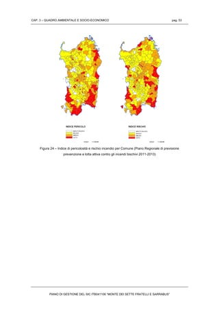 CAP. 3 – QUADRO AMBIENTALE E SOCIO-ECONOMICO pag. 53
PIANO DI GESTIONE DEL SIC ITB041106 “MONTE DEI SETTE FRATELLI E SARRABUS”
Figura 24 – Indice di pericolosità e rischio incendio per Comune (Piano Regionale di previsione
prevenzione e lotta attiva contro gli incendi bischivi 2011-2013)
 