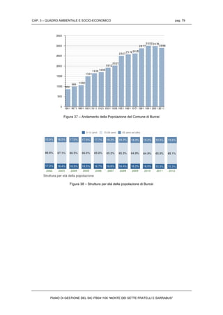 CAP. 3 – QUADRO AMBIENTALE E SOCIO-ECONOMICO pag. 79
PIANO DI GESTIONE DEL SIC ITB041106 “MONTE DEI SETTE FRATELLI E SARRABUS”
Figura 37 – Andamento della Popolazione del Comune di Burcei
Figura 38 – Struttura per età della popolazione di Burcei
 