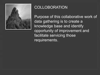 COLLOBORATION
Purpose of this collaborative work of
data gathering is to create a
knowledge base and identify
opportunity ...