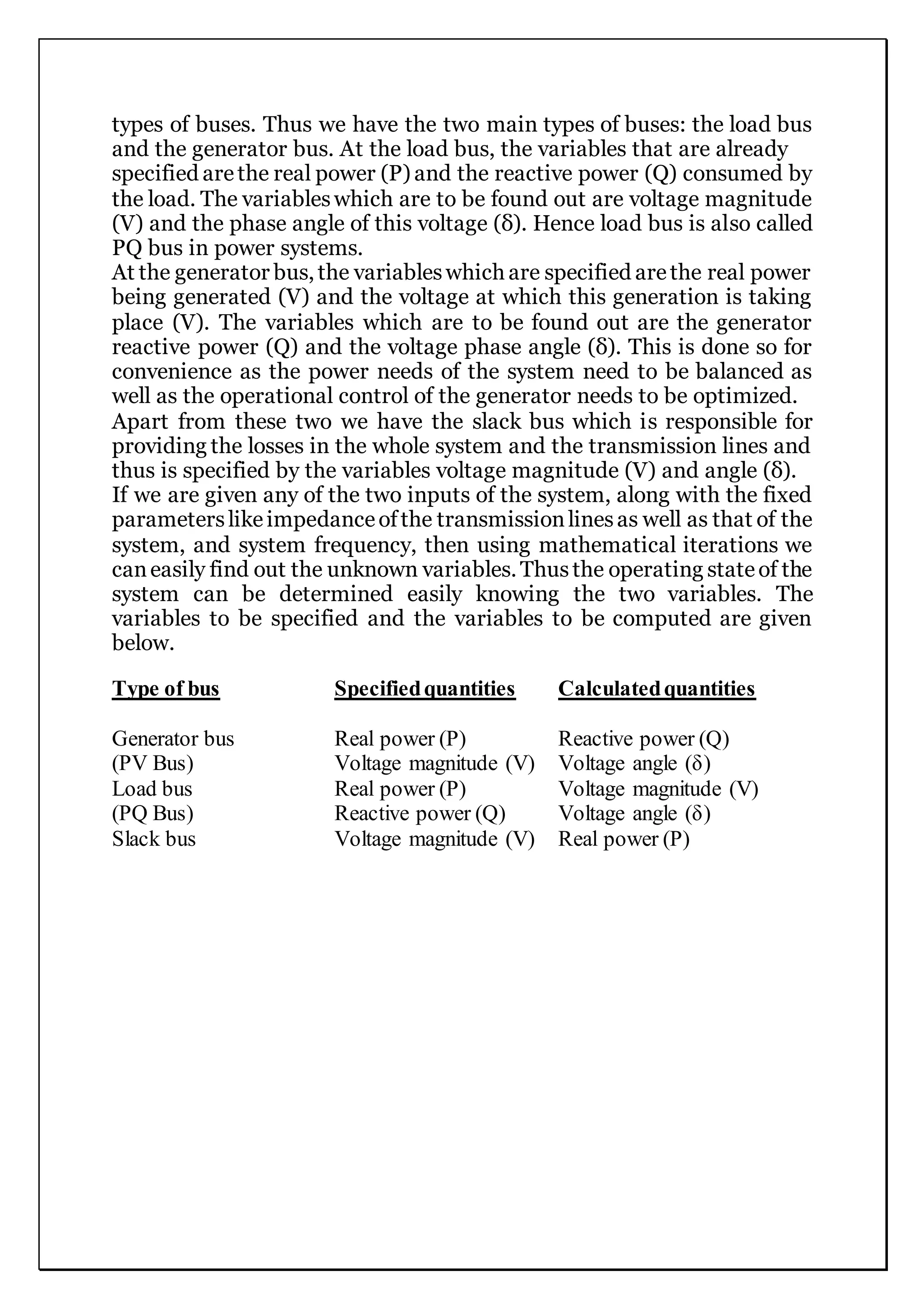 types of buses. Thus we have the two main types of buses: the load bus
and the generator bus. At the load bus, the variables that are already
specified arethe real power (P) and the reactive power (Q) consumed by
the load. The variableswhich are to be found out are voltage magnitude
(V) and the phase angle of this voltage (δ). Hence load bus is also called
PQ bus in power systems.
At the generator bus, the variableswhich are specified arethe real power
being generated (V) and the voltage at which this generation is taking
place (V). The variables which are to be found out are the generator
reactive power (Q) and the voltage phase angle (δ). This is done so for
convenience as the power needs of the system need to be balanced as
well as the operational control of the generator needs to be optimized.
Apart from these two we have the slack bus which is responsible for
providing the losses in the whole system and the transmission lines and
thus is specified by the variables voltage magnitude (V) and angle (δ).
If we are given any of the two inputs of the system, along with the fixed
parameterslikeimpedanceofthe transmissionlinesas well as that of the
system, and system frequency, then using mathematical iterations we
caneasily find out the unknown variables. Thusthe operating stateof the
system can be determined easily knowing the two variables. The
variables to be specified and the variables to be computed are given
below.
Type of bus Specifiedquantities Calculatedquantities
Generator bus Real power (P) Reactive power (Q)
(PV Bus) Voltage magnitude (V) Voltage angle (δ)
Load bus Real power (P) Voltage magnitude (V)
(PQ Bus) Reactive power (Q) Voltage angle (δ)
Slack bus Voltage magnitude (V) Real power (P)
 