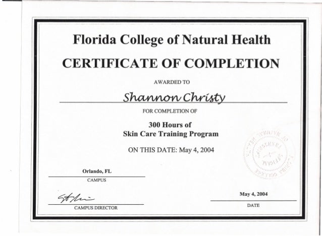 treatment skin certification from of Florida Completion College the of Certificate