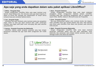 betweenmeandlinux.wordpress.com4
EDITORIAL
1. Writer - Pengolah Kata
Dengan menggunakan LibreOffice Writer anda dapat membuat surat,
laporan, skripsi bahkan buku. Dan dokumen anda juga dapat langsung di-
ekspor ke format PDF sehingga bisa didistribusikan ke hampir semua
komputer tanpa perlu tambahan aplikasi tertentu.
2. Calc - Pengolah Angka
LibreOffice Calc akan membantu anda membuat analisa dan pengolahan
angka. Selain itu anda juga dapat membuat tabel, grafik, perhitungan
kompleks yang dapat anda pakai untuk menunjang data pada dokumen
yang anda buat.
3. Impress - Pengolah Presentasi dan Multimedia
LibreOffice Impress adalah pengolah presentasi yang kaya dengan
kemampuan multimedia tapi juga cepat dalam penggunaan dan mudah
dipakai.
4. Base - Pengolah Database
Dengan menggunakan LibreOffice Base anda dapat melakukan
pengolahan dengan menggunakan database bawaan LibreOffice.
LibreOffice Base juga mendukung pengaksesan data ke database lain
seperti HSQL, MySQL, Adabas D, Microsoft Access dan PostgreSQL
5. Draw - Pengolah Gambar
Bila anda membutuhkan aplikasi untuk membuat struktur dan diagram,
maka LibreOffice Draw bisa menjadi jawaban bagi anda. Hasil dokumen
yang dibuat pada LibreOffice Draw dapat anda gunakan pada dokumen
anda yang lain.
6. Math - Pengolah Persamaan Matematika
Dengan menggunakan LibreOffice Math, anda dapat membuat
persamaan matematika seperti yang ada pada matematika, kimia,
elektronika atau persamaan sains dengan standar penulisan yang baku
sehingga mudah untuk dibaca dan dipahami.
Apa saja yang anda dapatkan dalam satu paket aplikasi LibreOffice?
url
http://www.libreoffice.org/
 