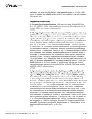 methylation state of the CGIs described here could be a useful criterion for hESC line valida-
tion, or for assessing how well adult cell-derived IPSCs have established a true embryonic stem
cell epigenetic state.
Supporting Information
S1 Document. Supplementary Discussion. (A) X-inactivation status of female hESC lines
RH1, RH3 and RCM1. (B) The relationship between expression profile and genomic methyla-
tion, and cell line derivation and culture conditions.
(DOCX)
S1 File. Supporting Information Tables. (A). Summary of hESC lines employed in this study.
(B) Methylation of X-linked gene-associated CGIs in hESC Lines. (C) CGIs removed from con-
sideration as methylated in all hESC lines because of inconsistent behaviour between multiple
reporters. (D) hESC-specific gene associated methylation. (E) Correlation of hESC-specific
CGI methylation status and transcriptome. (F) Expressed genes with an associated CGI which
is always methylated in hESCs and always unmethylated in somatic tissues. (G) Expressed
genes with an associated CGI which is always unmethylated in hESCs and always methylated
in somatic tissues. (H) Assessment of differential CGI methylation and differential gene expres-
sion between female hES lines. (I) Differentially methylated and expressed genes are strongly
associated with the X chromosome in female hESC lines. (J) Enrichment and depletion of func-
tional categories in Gene Ontology of genes with an associated CGI in the human genome. (K)
Summary of GO analysis indicating over-represented functions of epigenetically defined bio-
markers of hESCs. (L) Microarray probe data for selected candidate epigenetic biomarkers
GLIS2, HMGA1 and PFDN5 in female hESC lines. (M) Sequences of siRNAs employed in this
study. (N) Microarray probe data for XIST expression in female hESC lines. (O) Primers used
for RT-qPCR analysis. (P) Primer sequences for amplification of indicated gene promoter
region after chromatin immunoprecipitation for OCT4 in hESCs. (Q) Table listing unmethy-
lated CGIs in hESCs and somatic tissues.
(DOCX)
S1 Fig. Schematic depicting the isolation of methylated genomic DNA from human ES
cells, column purification of methylcytosine-rich sequences (i.e., methylated CGIs) and
input and MAP-purified DNA hybridisation to a custom array of 17,000 CGIs. CGI Array
Notes: CGI sequences on this array were identified on the basis of column-based binding
of MseI-cloven genomic DNA from human blood mononuclear cells (pooled from 3 male
donors) to a recombinant cysteine-rich CXXC3 domain of mouse Mbd1, which is characterised
by a high affinity for non-methylated CpG sites (Voo et al., 2000; Jorgensen et al., 2004). MseI
cleaves the sequence TTAA, and as such normal gDNA is cloven into small fragments (pre-
dicted average size 125 bp) containing typically 1 or 2 CpG dinucleotides. TTAA sites are
underrepresented in CGIs, resulting in CGI-derived fragments of an average size of ~625 bp,
and containing typically 50–60 unmethylated CpGs, enabling purification and subsequent
sequencing of CGI-containing fragments. Because of Mbd1’s non-methylated CGI affinity
based-purification, the resulting array excluded the small fraction of CGIs that are fully methyl-
ated in somatic cells, estimated to be less than 3% (Weber et al., 2007). Large scale sequencing
of the column-bound fraction identified both CGIs predicted by CGI prediction algorithms
and annotated in the ENSEMBL database, but also many CGIs that were predicted and only
identified by their interaction with the mbd1 domain. As such, the CGIs on the array are bio-
logically defined rather than defined by an algorithm.
(TIF)
Epigenetic Identification of Stem Cell Regulators
PLOS ONE | DOI:10.1371/journal.pone.0131102 July 7, 2015 17 / 24
 