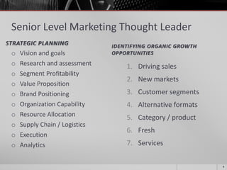 Senior Level Marketing Thought Leader
STRATEGIC PLANNING IDENTIFYING ORGANIC GROWTH
OPPORTUNITIESo Vision and goals
o Research and assessment
o Segment Profitability
o Value Proposition
o Brand Positioning
o Organization Capability
o Resource Allocation
o Supply Chain / Logistics
o Execution
o Analytics
1. Driving sales
2. New markets
3. Customer segments
4. Alternative formats
5. Category / product
6. Fresh
7. Services
4
 