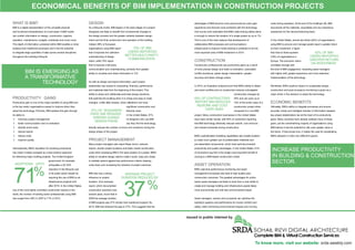 WHAT IS BIM?
BIM is a digital representation of the complete physical
and functional characteristics of a built asset. A BIM model
can contain information on design, construction, logistics,
operation, maintenance, budgets, schedules and much more.
This depth of information contained within BIM enables a richer
analysis than traditional processes and it has the potential
to integrate large quantities of data across several disciplines
throughout the building’s lifecycle.
Productivity Beneits of BIM Productivity Beneits of BIM
DESIGN
As a lifecycle model, BIM begins in the early stages of a project.
Designers are likely to beneﬁt from fundamental changes to
the design process and the greater certainty between design
intent and the ﬁnal construction and operation of the building.
Indeed, 69% of European
organisations using BIM report
that it improves the collective
understanding of design
intent, while 75% report
that it improves multi-party
communication and understanding, primarily from greater
ability to visualise and share information in 3-D.
As well as design and layout information, each project
stakeholder has access to scheduling, ﬁnancial, performance
and materials data from the beginning of the project. This
ability to share and collaborate promotes design decisions
that optimise the building when it is cheap and easy to make
changes, unlike latter phases, when alterations can have
signiﬁcant construction and
lifecycle costs.
In the United States, 57%
of designers who use BIM
say they ﬁnd the technology
directly reduces the number of errors and omissions during the
design phase of the project.
PROJECT MANAGEMENT
Many project managers also report fewer errors, reduced
rework, shorter project durations and lower overall construction
costs when employing BIM in the early phases of a project. BIM’s
ability to visualise design options make it quick, easy and cheap
to validate options against key performance criteria, keeping
costs down and increasing the certainty of project outcomes.
BIM also has a strong
inﬂuence on project
duration. One overseas
report, which documented
construction practices over
several years, found that in
2009 the average duration
of BIM projects was 27% shorter than traditional projects. By
2012, BIM had widened the gap to 37%. This suggests that the
advantages of BIM become more pronounced as users gain
experience and become more proﬁcient with the technology.
One survey even estimates that BIM’s data sharing ability alone
is enough to reduce the duration of a single project by up to 7%.
This is one of the main reasons that development of
collaborative BIM processes and communications
infrastructure to improve model sharing is predicted to be the
most important area of BIM investment in 2014.
CONSTRUCTION
Construction professionals see productivity gains as a result
of more precise design and trade co-ordination, automated
conﬂict avoidance, easier design interpretation, greater
accuracy and fewer change orders.
In 2010, an Australian analysis found that BIM’s ability to detect
and avoid conﬂicts prior to construction reduces unbudgeted
construction changes by
40% and can save up to
10% of the entire value of a
construction project when
compared to a non-BIM
project. Many construction businesses in the United States
have seen similar results, with 65% of contractors reporting
that BIM technology efectively reduces rework, cost overruns
and missed schedules during construction.
BIM’s sophisticated modelling capabilities also enable builders
to make much greater use of prefabricated materials and
pre-assembled components, which have well-documented
productivity and quality advantages. In the United States, 81%
of contractors say this is the single most important beneﬁt of
moving to a BIM-based construction model.
ASSET OPERATION
BIM’s real-time performance monitoring and asset
management processes also lead to high-quality post-
construction outcomes. The greatest advantages for public-
sector asset managers are likely to arise from a new ability to
create and manage building and infrastructure assets faster,
more economically and with less environmental impact.
Asset managers, owners and occupants can optimise the
building’s systems and performance for human comfort and
safety, while minimizing environmental impacts and running
costs during operation. At the end of the building’s life, BIM
documents all the materials, recyclables and any hazardous
substances for the decommissioning team.
In the United States, almost two-thirds (62%) of organisations
using BIM to procure and manage assets report a greater return
on their investment, a ﬁgure
that rises to three-quarters
(74%) of organisations in
Europe. The economic return
correlates strongly with
the level of BIM engagement, rewarding asset managers
with higher skill, greater experience and more extensive
implementation of the technology.
Worldwide, BIM’s positive impact on sustainable design,
construction and post-occupancy monitoring is given as a
major driver in the decision to adopt the technology.
ECONOMIC BENEFITS
Ultimately, BIM’s ability to integrate processes and ensure
accurate, timely and intelligent transfer of information between
key project stakeholders lies at the heart of its productivity
gains. Many countries have already realised many of these
gains, yet the overwhelming majority of organisations using
BIM believe it has the potential to ofer even greater value in
the future. If that proves true, it makes the case for accelerating
BIM’s adoption in India very difﬁcult to ignore.
71%
ADOPTIONS UPTO
62% OF BIM
USERS REPORTED
GREATER RETURN
ON INVESTMENT
75% OF BIM
USERS REPORTED
BETTER MULTI-PARTY
COMMUNICATION
65% OFCONTRACTORS
REPORT BIM REDUCES
REWORK AND COST
OVER RUNS57% OF DESIGNERS
STATE BIM REDUCES
ERRORS DURING
DESIGN PHASE
37%
AVERAGE PROJECT
DURATION REDUCED BY
BIM IS EMERGING AS
A TRANSFORMATIVE
TECHNOLOGY
PRODUCTIVITY GAINS
Productivity gain is one of the major beneﬁts of using BIM and
is the top metric organisations expect to improve when they
adopt the technology. Primarily, BIM realises this gain through
its ability to:
❙ minimise project management
❙ foster communication and co-ordination
❙ identify errors early
❙ reduce rework
❙ reduce costs
❙ improve quality.
Internationally, BIM’s reputation for boosting productivity
has made it widely accepted as a best practice approach
for delivering major building projects. The United Kingdom
government, for example,
anticipates a 20–30%
reduction in the lifecycle cost
of its public-sector assets by
requiring the use of BIM on all
infrastructure projects built
after 2016. In the United States,
one of the most tightly controlled construction sectors in the
world, the number of building sector professionals using BIM
has surged from 28% in 2007 to 71% in 2012.
INCREASE PRODUCTIVITY
IN BUILDING & CONSTRUCTION
SECTOR.
ECONOMICAL BENEFITS OF BIM IMPLEMENTATION IN CONSTRUCTION PROJECTS
issued in public interest by
To know more, visit our website: srda.weebly.com
 