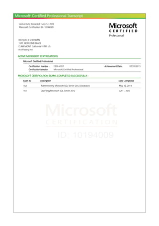 Last Activity Recorded : May 12, 2014
Microsoft Certification ID : 10194009
RICHARD E SHERIDAN
1571 NEWCOMB PLACE
CLAREMONT, California 91711 US
rick@aaarg.net
ACTIVE MICROSOFT CERTIFICATIONS:
Microsoft Certified Professional
Certification Number : E339-4557 Achievement Date : 07/11/2013
Certification/Version : Microsoft Certified Professional
MICROSOFT CERTIFICATION EXAMS COMPLETED SUCCESSFULLY :
Exam ID Description Date Completed
462 Administering Microsoft SQL Server 2012 Databases May 12, 2014
461 Querying Microsoft SQL Server 2012 Jul 11, 2013
 