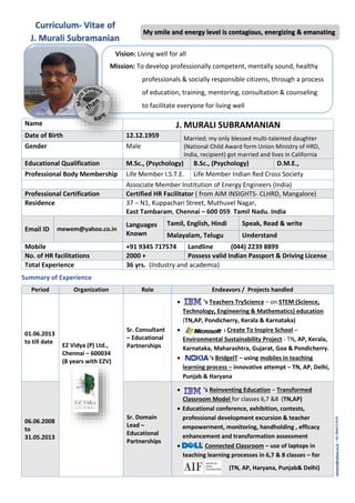 Summary of Experience
Period Organization Role Endeavors / Projects handled
01.06.2013
to till date
EZ Vidya (P) Ltd.,
Chennai – 600034
(8 years with EZV)
Sr. Consultant
– Educational
Partnerships
 ‘s Teachers TryScience – on STEM (Science,
Technology, Engineering & Mathematics) education
(TN,AP, Pondicherry, Kerala & Karnataka)
 ‘s Create To Inspire School –
Environmental Sustainability Project - TN, AP, Kerala,
Karnataka, Maharashtra, Gujarat, Goa & Pondicherry.
 ’s BridgeIT – using mobiles in teaching
learning process – innovative attempt – TN, AP, Delhi,
Punjab & Haryana
06.06.2008
to
31.05.2013
Sr. Domain
Lead –
Educational
Partnerships
 ’s Reinventing Education – Transformed
Classroom Model for classes 6,7 &8 (TN,AP)
 Educational conference, exhibition, contests,
professional development excursion & teacher
empowerment, monitoring, handholding , efficacy
enhancement and transformation assessment
 Connected Classroom – use of laptops in
teaching learning processes in 6,7 & 8 classes – for
(TN, AP, Haryana, Punjab& Delhi)
Name J. MURALI SUBRAMANIAN
Date of Birth 12.12.1959 Married; my only blessed multi-talented daughter
(National Child Award form Union Ministry of HRD,
India, recipient) got married and lives in California
Gender Male
Educational Qualification M.Sc., (Psychology) B.Sc., (Psychology) D.M.E.,
Professional Body Membership Life Member I.S.T.E. Life Member Indian Red Cross Society
Associate Member Institution of Energy Engineers (India)
Professional Certification Certified HR Facilitator ( from AIM INSIGHTS- CLHRD, Mangalore)
Residence 37 – N1, Kuppachari Street, Muthuvel Nagar,
East Tambaram, Chennai – 600 059. Tamil Nadu. India
Email ID mewem@yahoo.co.in
Languages
Known
Tamil, English, Hindi Speak, Read & write
Malayalam, Telugu Understand
Mobile +91 9345 717574 Landline (044) 2239 8899
No. of HR facilitations 2000 + Possess valid Indian Passport & Driving License
Total Experience 36 yrs. (Industry and academia)
Curriculum- Vitae of
J. Murali Subramanian
Vision: Living well for all
Mission: To develop professionally competent, mentally sound, healthy
professionals & socially responsible citizens, through a process
of education, training, mentoring, consultation & counseling
to facilitate everyone for living well
My smile and energy level is contagious, energizing & emanating
mewem@yahoo.co.in-+919345717574
 