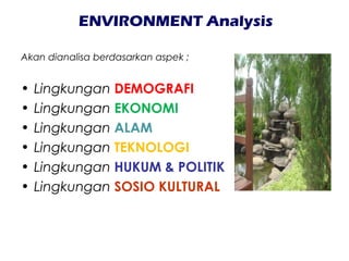 ENVIRONMENT Analysis
Akan dianalisa berdasarkan aspek ;
• Lingkungan DEMOGRAFI
• Lingkungan EKONOMI
• Lingkungan ALAM
• Lingkungan TEKNOLOGI
• Lingkungan HUKUM & POLITIK
• Lingkungan SOSIO KULTURAL
 