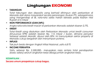 Lingkungan EKONOMI
• TABUNGAN
Total tabungan dan deposito yang berhasil dihimpun oleh perbankan di
Manado dari dana masyarakat secara perorangan (bukan PT), sebagaimana
yang mengendap di BI, rata-rata saldo harian berada pada kisaran nilai
Rupiah 615 milyar
• NON PERFORMANCE LOAN (NPL)
Angka rata-rata kredit macet di perbankan Manado adalah kisaran 2,7%.
• KREDIT
Total Kredit yang disalurkan oleh Perbankan Manado untuk kredit consumer
(khususnya KPR) adalah kisaran Rp. 115 milyar / bulan, dimana penyalur
terbesar adalah Mandiri, disusul oleh BTN. Ini menunjukkan sektor property di
Manado cukup bergairah dan menyimpan potensi.
• INFLASI
Tak jauh beda dengan tingkat inflasi Nasional, yaitu 6,8 %
• INCOME PERKAPITA
Yaitu sebesar Rp. 2,500,000,- merupakan rasio antara total pendapatan
(basic salary) seluruh angkatan kerja dibagi jumlah angkatan kerja.
KESIMPULAN :
Secara umum prospeknya cukup bagus.
 