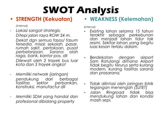 SWOT Analysis
• STRENGTH (Kekuatan)
(Internal)
- Lokasi sangat strategis;
Ditepi jalan raya ROW 24 m.
Dekat dgn semua fasos/ fasum
tersedia, misal; sekolah, pasar,
rumah sakit, pertokoan, pusat
perbelanjaan, Sarana olah
raga, bank, kantor pos, dll
Dilewati oleh 2 trayek bus luar
kota dan 3 trayek angkot
- Memiliki network (jaringan)
pendukung dari berbagai
fasilitas sektor perbankan,
konstruksi, manufactur dll
- Memiliki SDM yang handal dan
profesional dibidang property
• WEAKNESS (Kelemahan)
(Internal)
- Existing lahan selama 15 tahun
terakhir sebagai perkebunan
dan menjadi lahan tidur tak
resmi. Sekitar lahan yang begitu
luas kesan terlalu dalam.
- Berdekatan dengan airport
Sam Ratulangi dimana Airport
tidak begitu terurus serta kurang
modern, kurang fasilitas sarana
dan prasarana.
- Tidak dilintasi oleh jaringan listrik
tegangan menengah (SUTET)
- Jalan Ringroad tidak bisa
mendukung lahan dan kondisi
masih sepi.
 