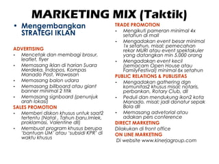 MARKETING MIX (Taktik)
• Mengembangkan
STRATEGI IKLAN
ADVERTISING
- Mencetak dan membagi brosur,
leaflet, flyer
- Memasang iklan di harian Suara
Merdeka, Indopos, Kompas
Manado Post, Wawasan
- Memasang balon udara
- Memasang billboard atau giant
banner minimal 2 titik
- Memasang signboard (penunjuk
arah lokasi)
SALES PROMOTION
- Memberi diskon khusus untuk saat2
tertentu (Natal , Tahun baru,Imlek,
proklamasi, Valentine dll)
- Membuat program khusus berupa
‘bantuan UM’ atau ‘subsidi KPR’ di
waktu khusus
TRADE PROMOTION
- Mengikuti pameran minimal 4x
setahun di mall
- Mengadakan event besar minimal
1x setahun, misal; pemecahan
rekor MURI atau event spektakuler
yang datangkan min 5.000 orang
- Mengadakan event kecil
(semacam Open House atau
FamilyFestival) minimal 6x setahun
PUBLIC RELATIONS & PUBLISITAS
- Mengadakan gathering dgn
komunitas2 khusus misal; notaris,
perbankan, Rotary Club, dll
- Peduli dan mendukung ikon2 kota
Manado, misal; jadi donatur sepak
Bola dll
- Memasang advetorial atau
adakan pers conference
DIRECT MARKETING
Dilakukan di front office
ON LINE MARKETING
Di website www.kinerjagroup.com
 