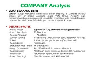 COMPANY Analysis
• LATAR BELAKANG BISNIS
Setelah cukup mengenal karakteristik pasar property di Manado melalui
proyek City of Dream Manado, maka Vista Group Property ingin
mengembangkan sebuah proyek yang lebih prestigious serta mendatangkan
potensi laba lebih besar tetapi dengan modal yang tidak besar.
• DESKRIPSI PROYEK
- Nama Proyek : Superblock “City of Dream Mapanget Manado”
- Luas Lahan Brutto : 25,5 hectare
- Potensi Perluasan : 7 hectare
- Jumlah Kavling : 1,666 kavling (Mall, Rumah Sakit, Hotel dan Housing)
- Lokasi : Jl. Raya Mapanget Manado (Dekat Airport)
- Pemilik Lahan : Perorangan
- Status Hak Atas Tanah : 14 bidang SHM
- Harga Tanah Brutto : Rp. 250.000,-/m2 (fix selama 48 bulan)
- Kondisi Existing : 70% tanah darat berkontur Tinggi+ 30% Perkebunan
- Peruntukan : Perumahan / pemukiman dan Komersial
- Fatwa Planologi : Efektif lahan max 60%, KDB max 70%
 