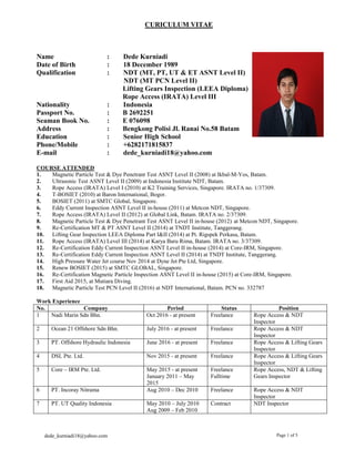 CURICULUM VITAE
dede_kurniadi18@yahoo.com Page 1 of 5
Name : Dede Kurniadi
Date of Birth : 18 December 1989
Qualification : NDT (MT, PT, UT & ET ASNT Level II)
NDT (MT PCN Level II)
Lifting Gears Inspection (LEEA Diploma)
Rope Access (IRATA) Level III
Nationality : Indonesia
Passport No. : B 2692251
Seaman Book No. : E 076098
Address : Bengkong Polisi Jl. Ranai No.58 Batam
Education : Senior High School
Phone/Mobile : +6282171815837
E-mail : dede_kurniadi18@yahoo.com
COURSE ATTENDED
1. Magnetic Particle Test & Dye Penetrant Test ASNT Level II (2008) at Ikbal-M-Yos, Batam.
2. Ultrasonic Test ASNT Level II (2009) at Indonesia Institute NDT, Batam.
3. Rope Access (IRATA) Level I (2010) at K2 Training Services, Singapore. IRATA no. 1/37309.
4. T-BOSIET (2010) at Baron International, Bogor.
5. BOSIET (2011) at SMTC Global, Singapore.
6. Eddy Current Inspection ASNT Level II in-house (2011) at Metcon NDT, Singapore.
7. Rope Access (IRATA) Level II (2012) at Global Link, Batam. IRATA no. 2/37309.
8. Magnetic Particle Test & Dye Penetrant Test ASNT Level II in-house (2012) at Metcon NDT, Singapore.
9. Re-Certification MT & PT ASNT Level II (2014) at TNDT Institute, Tanggerang.
10. Lifting Gear Inspection LEEA Diploma Part I&II (2014) at Pt. Rigspek Perkasa, Batam.
11. Rope Access (IRATA) Level III (2014) at Karya Baru Rima, Batam. IRATA no. 3/37309.
12. Re-Certification Eddy Current Inspection ASNT Level II in-house (2014) at Core-IRM, Singapore.
13. Re-Certification Eddy Current Inspection ASNT Level II (2014) at TNDT Institute, Tanggerang.
14. High Pressure Water Jet course Nov 2014 at Dyne Jet Pte Ltd, Singapore.
15. Renew BOSIET (2015) at SMTC GLOBAL, Singapore.
16. Re-Certification Magnetic Particle Inspection ASNT Level II in-house (2015) at Core-IRM, Singapore.
17. First Aid 2015, at Mutiara Diving.
18. Magnetic Particle Test PCN Level II (2016) at NDT International, Batam. PCN no. 332787
Work Experience
No. Company Period Status Position
1 Nadi Marin Sdn Bhn. Oct 2016 - at present Freelance Rope Access & NDT
Inspector
2 Ocean 21 Offshore Sdn Bhn. July 2016 - at present Freelance Rope Access & NDT
Inspector
3 PT. Offshore Hydraulic Indonesia June 2016 - at present Freelance Rope Access & Lifting Gears
Inspector
4 DSL Pte. Ltd. Nov 2015 - at present Freelance Rope Access & Lifting Gears
Inspector
5 Core – IRM Pte. Ltd. May 2015 - at present
January 2011 – May
2015
Freelance
Fulltime
Rope Access, NDT & Lifting
Gears Inspector
6 PT. Incoray Nitrama Aug 2010 – Dec 2010 Freelance Rope Access & NDT
Inspector
7 PT. UT Quality Indonesia May 2010 – July 2010
Aug 2009 – Feb 2010
Contract NDT Inspector
 