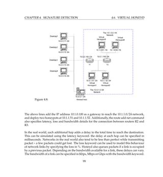 CHAPTER 4. SIGNATURE DETECTION 4.6. VIRTUAL HONEYD
Figure 4.8:
The above lines add the IP address 10.1.0.100 as a gateway to reach the 10.1.1.0/24 network,
and deploy two honeypots at 10.1.1.51 and 10.1.1.52. Additionally, the route add net command
also speciﬁes latency, loss and bandwidth details for the connection between routers R2 and
R3.
In the real world, each additional hop adds a delay to the total time to reach the destination.
This can be simulated using the latency keyword- the delay at each hop can be speciﬁed in
milliseconds. Networks in the real world also tend to be less than perfect while transmitting
packet – a few packets could get lost. The loss keyword can be used to model this behaviour
of network links by specifying the loss in %. Honeyd also queues packets if a link is occupied
by a previous packet. Depending on the bandwidth available for a link, these delays can vary.
The bandwidth of a link can be speciﬁed in Kbps, Mbps or Gbps with the bandwidth keyword.
99
 