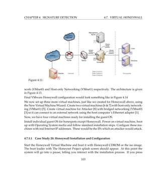 CHAPTER 4. SIGNATURE DETECTION 4.7. VIRTUAL HONEYWALL
Figure 4.11:
work (VMnet0) and Host-only Networking (VMnet1) respectively. The architecture is given
in Figure 4.13.
Final VMware Honeywall conﬁguration would look something like in Figure 4.14
We now set up three more virtual machines, just like we created for Honeywall above, using
the New Virtual Machine Wizard. Create two virtual machines [6  7] with host-only network-
ing (VMnet1) [5]. Create virtual machine for Attacker [8] with bridged networking (VMnet0)
[3] so it can connect to an external network using the host computer’s Ethernet adapter [1].
Now, we have four virtual machines ready for installing the guest OS.
Install individual guest OS for honeypots except Honeywall. Power on virtual machine, boot
up with Operating System media and follow standard installation steps. Conﬁgure these ma-
chines with real Internet IP addresses. These would be the IPs which an attacker would attack.
4.7.1.1 Case Study 20: Honeywall Installation and Conﬁguration
Start the Honeywall Virtual Machine and boot it with Honeywall CDROM or the iso image.
The boot loader with The Honeynet Project splash screen should appear. At this point the
system will go into a pause, letting you interact with the installation process. If you press
103
 