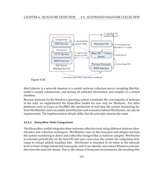 CHAPTER 4. SIGNATURE DETECTION 4.9. AUTOMATED MALWARE COLLECTION
Figure 4.24:
MwCollector is a network daemon at a central malware collection server, accepting MwSub-
mitter’s sample submissions, and storing all collected information and samples in a central
database.
Because malware for the Windows operating system constitutes the vast majority of malware
in the wild, we implemented the HoneyBow toolkit for now only for Windows. For other
platforms such as Linux or FreeBSD, the mechanism of real-time ﬁle system monitoring be-
hind MwWatcher, and executable identiﬁcation and extraction behind MwHunter, can also be
implemented. The implementation details differ, but the principle remains the same.
4.9.2.2 HoneyBow Tools Comparison
The HoneyBow toolkit integrates three malware collection tools using different malware iden-
tiﬁcation and collection techniques: MwWatcher runs on the honeypot and adopts real-time
ﬁle system monitoring to detect and collect the changed ﬁles as malware samples. MwFetcher
is executed periodically on the host OS and uses cross-view ﬁle system list comparing tech-
nique to extract added/modiﬁed ﬁles. MwHunter is intended to sit inline at the network
level in front of high-interaction honeypots, and it can identify and extract Windows executa-
bles from the network stream. Due to the nature of honeynet environments, the resulting ﬁles
121
 