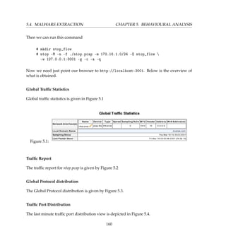 5.4. MALWARE EXTRACTION CHAPTER 5. BEHAVIOURAL ANALYSIS
Then we can run this command
# mkdir ntop_flow
# ntop -M -n -f ./ntop.pcap -m 172.16.1.0/24 -O ntop_flow 
-w 127.0.0.1:3001 -g -c -a -q
Now we need just point our browser to http://localhost:3001. Below is the overview of
what is obtained.
Global Trafﬁc Statistics
Global trafﬁc statistics is given in Figure 5.1
Figure 5.1:
Trafﬁc Report
The trafﬁc report for ntop.pcap is given by Figure 5.2
Global Protocol distribution
The Global Protocol distribution is given by Figure 5.3.
Trafﬁc Port Distribution
The last minute trafﬁc port distribution view is depicted in Figure 5.4.
160
 