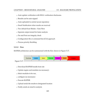 CHAPTER 5. BEHAVIOURAL ANALYSIS 5.5. MALWARE PROPAGATION
K Auto update veriﬁcation with SHA1 veriﬁcation checksums
K Results can be auto-zipped
K Auto-uploaded to central secure repository
K Email Notiﬁcation when results are received
K Two default Scan Modes – Fast/Slow
K Separate output stored for faster analysis
K Pre and Post run integrity check
K Conﬁguration ﬁle or command line (CLI) approach
K Process priority throttling
5.5.5.2 Flow
RAPIER architecture can be summarized with the ﬂow shown in Figure 5.17.
Figure 5.17:
K Download RAPIER bundle from site
K Update engine and modules (as necessary)
K Select modules to be run,
K conﬁgure (as necessary)
K Execute RAPIER
K Upload sends the results to designated location
K Notify sends an email to analysts
185
 