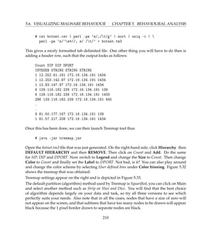 5.6. VISUALIZING MALWARE BEHAVIOUR CHAPTER 5. BEHAVIOURAL ANALYSIS
# cat botnet.csv | perl -pe 's/,/t/g' | sort | uniq -c | 
perl -pe 's/^s*//, s/ /t/'  botnet.tm3
This gives a nicely formatted tab delimited ﬁle. One other thing you will have to do then is
adding a header row, such that the output looks as follows:
Count SIP DIP DPORT
INTEGER STRING STRING STRING
1 12.252.61.161 172.16.134.191 1434
1 12.253.142.87 172.16.134.191 1434
1 12.83.147.97 172.16.134.191 1434
6 129.116.182.239 172.16.134.191 139
6 129.116.182.239 172.16.134.191 1433
286 129.116.182.239 172.16.134.191 445
.
.
9 81.50.177.167 172.16.134.191 139
1 81.57.217.208 172.16.134.191 1434
Once this has been done, we can then launch Treemap tool thus
# java -jar treemap.jar
Open the botnet.tm3 ﬁle that was just generated. On the right-hand side, click Hierarchy. then
DEFAULT HIERARCHY and then REMOVE. Then click on Count and Add. Do the same
for SIP, DIP and DPORT. Now switch to Legend and change the Size to Count. Then change
Color to Count and ﬁnally set the Label to DPORT. Not bad, is it? You can also play around
and change the color scheme by selecting User deﬁned bins under Color binning. Figure 5.32
shows the treemap that was obtained.
Treemap settings appear on the right and is depicted in Figure 5.33.
The default partition (algorithm) method used by Treemap is Squariﬁed, you can click on Main
and select another method such as Strip or Slice and Dice. You will ﬁnd that the best choice
of algorithm depends largely on your data and task, so try all three versions to see which
perfectly suits your needs. Also note that in all the cases, nodes that have a size of zero will
not appear on the screen, and that subtrees that have too many nodes to be drawn will appear
black because the 1 pixel border drawn to separate nodes are black.
210
 