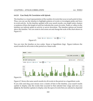CHAPTER 6. ATTACK CORRELATION 6.6. TOOLS
6.6.2.8 Case Study 50: Correlation with Splunk
The timeline is a visual representation of the number of events that occur at each point in time.
Thus, you can use the timeline to highlight patterns of events or investigate peaks and lows
in event activity. As the timeline updates with your search results, you might notice clusters
or patterns of bars; the height of each bar indicates the count of events. Peaks or valleys in the
timeline can indicate spikes in activity or server downtime. The timeline options are located
above the timeline. You can zoom in and zoom out and change the scale of the chart shown in
Figure 6.5.
Figure 6.5:
You can view the timeline on two scales: linear or logarithmic (log). Figure 6.6shows the
search results for all events in the period on a linear scale.
Figure 6.6:
Figure 6.7 shows the same search results for all events in the period on a logarithmic scale.
If you click and drag your mouse over a cluster of bars in the timeline, your search results
update to display only the events that occurred in that selected time range and once you
zoom in, the timeline updates to display only the span of events that you selected as depicted
243
 