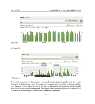 6.6. TOOLS CHAPTER 6. ATTACK CORRELATION
Figure 6.7:
in Figure 6.8
Figure 6.8:
If you click on one bar in the timeline, your search results update to display only the events
that occur at that selected point. Once again, if you zoom in, the timeline updates to display
only the events in that selected point. If you want to select all the the bars in the timeline (undo
your previous selection) click select all. This option is only available after you’ve selected one
or more bars and before you selected either zoom in or zoom out.
244
 