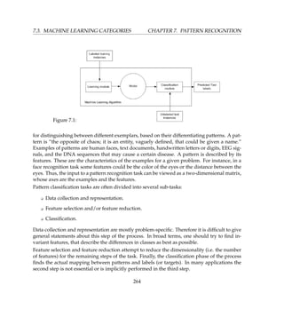 7.3. MACHINE LEARNING CATEGORIES CHAPTER 7. PATTERN RECOGNITION
Figure 7.1:
for distinguishing between different exemplars, based on their differentiating patterns. A pat-
tern is “the opposite of chaos; it is an entity, vaguely deﬁned, that could be given a name.”
Examples of patterns are human faces, text documents, handwritten letters or digits, EEG sig-
nals, and the DNA sequences that may cause a certain disease. A pattern is described by its
features. These are the characteristics of the examples for a given problem. For instance, in a
face recognition task some features could be the color of the eyes or the distance between the
eyes. Thus, the input to a pattern recognition task can be viewed as a two-dimensional matrix,
whose axes are the examples and the features.
Pattern classiﬁcation tasks are often divided into several sub-tasks:
K Data collection and representation.
K Feature selection and/or feature reduction.
K Classiﬁcation.
Data collection and representation are mostly problem-speciﬁc. Therefore it is difﬁcult to give
general statements about this step of the process. In broad terms, one should try to ﬁnd in-
variant features, that describe the differences in classes as best as possible.
Feature selection and feature reduction attempt to reduce the dimensionality (i.e. the number
of features) for the remaining steps of the task. Finally, the classiﬁcation phase of the process
ﬁnds the actual mapping between patterns and labels (or targets). In many applications the
second step is not essential or is implicitly performed in the third step.
264
 