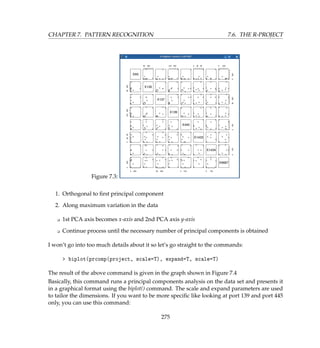 CHAPTER 7. PATTERN RECOGNITION 7.6. THE R-PROJECT
Figure 7.3:
1. Orthogonal to ﬁrst principal component
2. Along maximum variation in the data
K 1st PCA axis becomes x-axis and 2nd PCA axis y-axis
K Continue process until the necessary number of principal components is obtained
I won’t go into too much details about it so let’s go straight to the commands:
 biplot(prcomp(project, scale=T), expand=T, scale=T)
The result of the above command is given in the graph shown in Figure 7.4
Basically, this command runs a principal components analysis on the data set and presents it
in a graphical format using the biplot() command. The scale and expand parameters are used
to tailor the dimensions. If you want to be more speciﬁc like looking at port 139 and port 445
only, you can use this command:
275
 