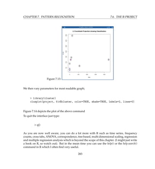 CHAPTER 7. PATTERN RECOGNITION 7.6. THE R-PROJECT
Figure 7.13:
We then vary parameters for most readable graph;
 library(cluster)
clusplot(project, fit$cluster, color=TRUE, shade=TRUE, labels=2, lines=0)
Figure 7.14 depicts the plot of the above command
To quit the interface just type:
 q()
As you are now well aware, you can do a lot more with R such as time series, frequency
counts, cross tabs, ANOVA, correspondence, tree based, multi dimensional scaling, regression
and multiple regression analysis which is beyond the scope of this chapter. (I might just write
a book on R, so watch out). But in the mean time you can use the help() or the help.search()
command in R which I often ﬁnd very useful.
283
 