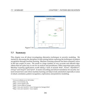 7.7. SUMMARY CHAPTER 7. PATTERN RECOGNITION
Figure 7.14:
7.7 Summary
This chapter was all about investigating alternative techniques in security modeling. We
started by discussing the discipline of data mining before exploring the techniques of pattern
recognition through machine learning. Machine Learning research has been extremely active
in the last couple of years. The result is a large number of very accurate and efﬁcient algo-
rithms that are quite easy to use for an analyst and practitioner. Other important open source
Machine Learning applications worth taking a look at include Weka1, Knime2, RapidMiner3,
Orange4 and Tangara5 and Sipina6. It seems rewarding and almost mandatory for security ana-
lysts to learn how and where machine learning can help in task automation especially in areas
of attack correlation, pattern recognition, exploratory and predictive modeling.
1www.cs.waikato.ac.nz/ml/weka/
2http://www.knime.org
3http://www.rapid-i.com
4http://www.ailab.si/orange
5http://eric.univ-lyon2.fr/~ricco/tanagra/en/tanagra.html
6http://eric.univ-lyon2.fr/~ricco/sipina
284
 