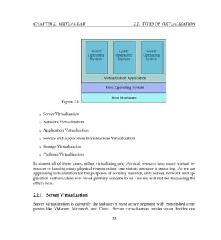 CHAPTER 2. VIRTUAL LAB 2.2. TYPES OF VIRTUALIZATION
Figure 2.1:
K Server Virtualization
K Network Virtualization
K Application Virtualization
K Service and Application Infrastructure Virtualization
K Storage Virtualization
K Platform Virtualization
In almost all of these cases, either virtualizing one physical resource into many virtual re-
sources or turning many physical resources into one virtual resource is occurring. As we are
appraising virtualization for the purposes of security research, only server, network and ap-
plication virtualization will be of primary concern to us - so we will not be discussing the
others here.
2.2.1 Server Virtualization
Server virtualization is currently the industry’s most active segment with established com-
panies like VMware, Microsoft, and Citrix. Server virtualization breaks up or divides one
33
 