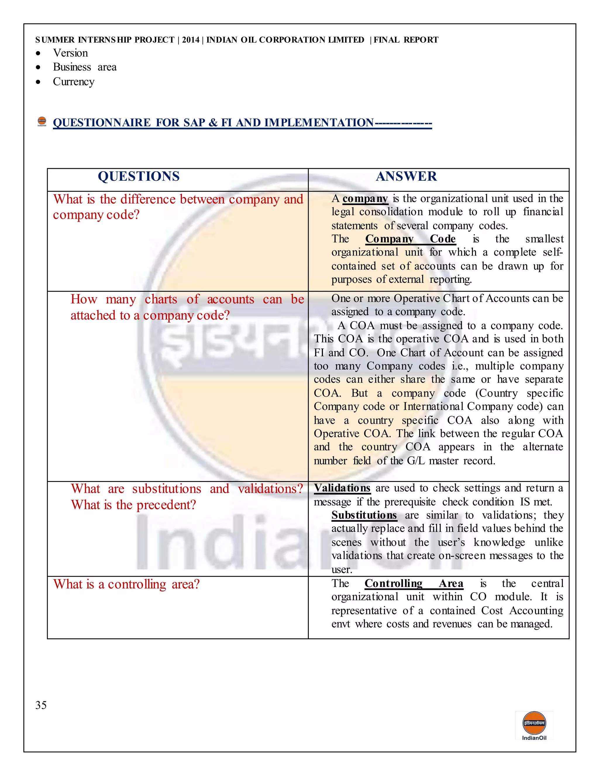 SUMMER INTERNSHIP PROJECT | 2014 | INDIAN OIL CORPORATION LIMITED | FINAL REPORT
35
 Version
 Business area
 Currency
QUESTIONNAIRE FOR SAP & FI AND IMPLEMENTATION---------------
QUESTIONS ANSWER
What is the difference between company and
company code?
A company is the organizational unit used in the
legal consolidation module to roll up financial
statements of several company codes.
The Company Code is the smallest
organizational unit for which a complete self-
contained set of accounts can be drawn up for
purposes of external reporting.
How many charts of accounts can be
attached to a company code?
One or more Operative Chart of Accounts can be
assigned to a company code.
A COA must be assigned to a company code.
This COA is the operative COA and is used in both
FI and CO. One Chart of Account can be assigned
too many Company codes i.e., multiple company
codes can either share the same or have separate
COA. But a company code (Country specific
Company code or International Company code) can
have a country specific COA also along with
Operative COA. The link between the regular COA
and the country COA appears in the alternate
number field of the G/L master record.
What are substitutions and validations?
What is the precedent?
Validations are used to check settings and return a
message if the prerequisite check condition IS met.
Substitutions are similar to validations; they
actually replace and fill in field values behind the
scenes without the user’s knowledge unlike
validations that create on-screen messages to the
user.
What is a controlling area? The Controlling Area is the central
organizational unit within CO module. It is
representative of a contained Cost Accounting
envt where costs and revenues can be managed.
 