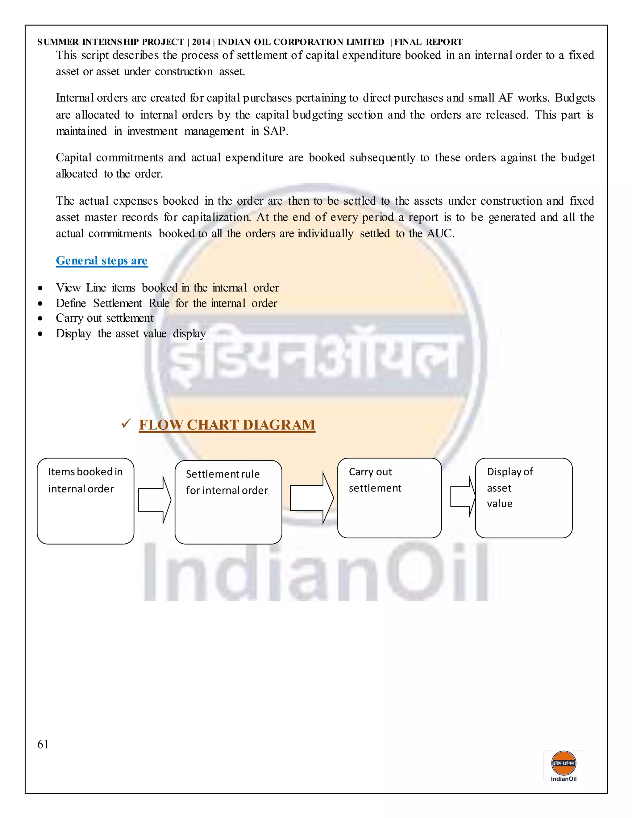 SUMMER INTERNSHIP PROJECT | 2014 | INDIAN OIL CORPORATION LIMITED | FINAL REPORT
61
This script describes the process of settlement of capital expenditure booked in an internal order to a fixed
asset or asset under construction asset.
Internal orders are created for capital purchases pertaining to direct purchases and small AF works. Budgets
are allocated to internal orders by the capital budgeting section and the orders are released. This part is
maintained in investment management in SAP.
Capital commitments and actual expenditure are booked subsequently to these orders against the budget
allocated to the order.
The actual expenses booked in the order are then to be settled to the assets under construction and fixed
asset master records for capitalization. At the end of every period a report is to be generated and all the
actual commitments booked to all the orders are individually settled to the AUC.
General steps are
 View Line items booked in the internal order
 Define Settlement Rule for the internal order
 Carry out settlement
 Display the asset value display
 FLOW CHART DIAGRAM
Itemsbookedin
internal order
Settlementrule
for internal order
Carry out
settlement
Displayof
asset
value
 