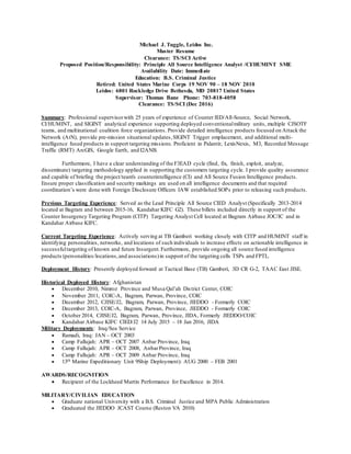 Michael J. Tuggle, Leidos Inc.
Master Resume
Clearance: TS/SCI Active
Proposed Position/Responsibility: Principle All Source Intelligence Analyst /CI/HUMINT SME
Availability Date: Immediate
Education: B.S. Criminal Justice
Retired: United States Marine Corps 19 NOV 90 – 18 NOV 2010
Leidos: 6801 Rockledge Drive Bethesda, MD 20817 United States
Supervisor: Thomas Bane Phone: 703-818-4058
Clearance: TS/SCI (Dec 2016)
Summary: Professional supervisorwith 25 years of experience of Counter IED/All-Source, Social Network,
CI/HUMINT, and SIGINT analytical experience supporting deployed conventionalmilitary units, multiple CJSOTF
teams, and multinational coalition force organizations. Provide detailed intelligence products focused on Attack the
Network (AtN), provide pre-mission situational updates,SIGINT Trigger emplacement, and additional multi-
intelligence fused products in support targeting missions. Proficient in Palantir, LexisNexis, M3, Recorded Message
Traffic (RMT) ArcGIS, Google Earth, and I2ANB.
Furthermore, I have a clear understanding of the F3EAD cycle (find, fix, finish, exploit, analyze,
disseminate) targeting methodology applied in supporting the customers targeting cycle. I provide quality assurance
and capable of briefing the project/team's counterintelligence (CI) and All Source Fusion Intelligence products.
Ensure proper classification and security markings are used on all intelligence documents and that required
coordination’s were done with Foreign Disclosure Officers IAW established SOPs prior to releasing such products.
Previous Targeting Experience: Served as the Lead Principle All Source CIED Analyst (Specifically 2013-2014
located at Bagram and between 2015-16, Kandahar KIFC G2). These billets included directly in support of the
Counter Insurgency Targeting Program (CITP) Targeting Analyst Cell located at Bagram Airbase JOC/IC and in
Kandahar Airbase KIFC.
Current Targeting Experience: Actively serving at TB Gamberi working closely with CITP and HUMINT staff in
identifying personalities, networks, and locations of such individuals to increase effects on actionable intelligence in
successfultargeting of known and future Insurgent.Furthermore, provide ongoing all source fused intelligence
products (personalities/locations,and associations)in support of the targeting cells TSPs and FPTL.
Deployment History: Presently deployed forward at Tactical Base (TB) Gamberi, 3D CR G-2, TAAC East JISE.
Historical Deployed History: Afghanistan
 December 2010, Nimroz Province and Musa Qal’ah District Center, COIC
 November 2011, COIC-A, Bagram, Parwan, Province, COIC
 December 2012, CJISE/J2, Bagram, Parwan, Province, JIEDDO - Formerly COIC
 December 2013, COIC-A, Bagram, Parwan, Province, JIEDDO - Formerly COIC
 October 2014, CJISE/J2, Bagram, Parwan, Province, JIDA, Formerly JIEDDO/COIC
 Kandahar Airbase KIFC CIED/J2 14 July 2015 – 18 Jan 2016, JIDA
Military Deployments: Iraq/Sea Service
 Ramadi, Iraq: JAN – OCT 2003
 Camp Fallujah: APR – OCT 2007 Anbar Province, Iraq
 Camp Fallujah: APR – OCT 2008, AnbarProvince, Iraq
 Camp Fallujah: APR – OCT 2009 Anbar Province, Iraq
 13th Marine Expeditionary Unit 9Ship Deployment): AUG 2000 – FEB 2001
AWARDS/RECOGNITION
 Recipient of the Lockheed Martin Performance for Excellence in 2014.
MILITARY/CIVILIAN EDUCATION
 Graduate national University with a B.S. Criminal Justice and MPA Public Administration
 Graduated the JIEDDO JCAST Course (Reston VA 2010)
 