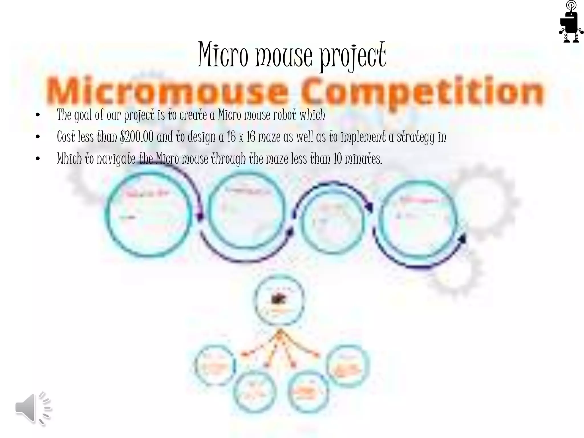 Micro mouse project
• The goal of our project is to create a Micro mouse robot which
• Cost less than $200.00 and to design a 16 x 16 maze as well as to implement a strategy in
• Which to navigate the Micro mouse through the maze less than 10 minutes.
 