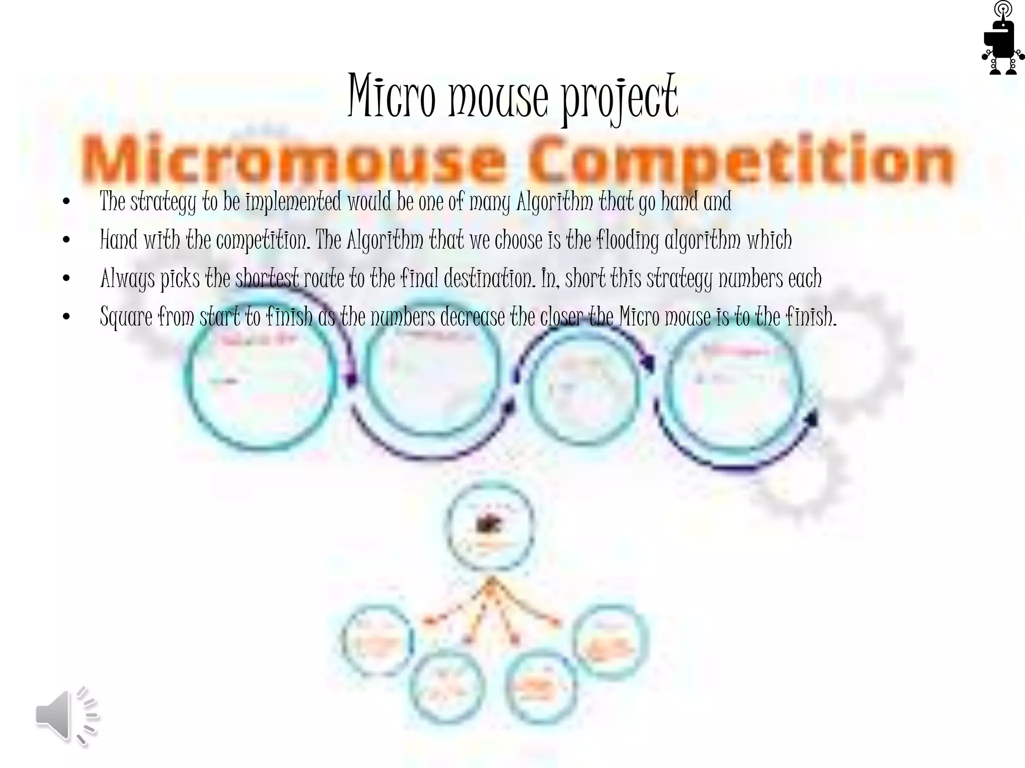 Micro mouse project
• The strategy to be implemented would be one of many Algorithm that go hand and
• Hand with the competition. The Algorithm that we choose is the flooding algorithm which
• Always picks the shortest route to the final destination. In, short this strategy numbers each
• Square from start to finish as the numbers decrease the closer the Micro mouse is to the finish.
 