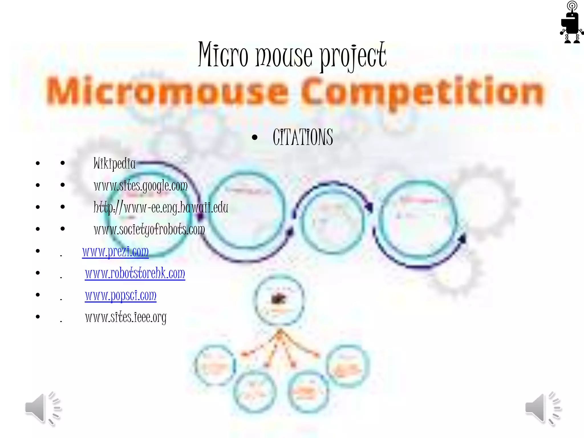 Micro mouse project
• CITATIONS
• • Wikipedia
• • www.sites.google.com
• • http://www-ee.eng.hawaii.edu
• • www.societyofrobots.com
• . www.prezi.com
• . www.robotstorehk.com
• . www.popsci.com
• . www.sites.ieee.org
 