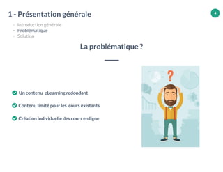 4
La problématique ?
1 - Présentation générale
- Introduction générale
- Problématique
- Solution
Un contenu eLearning redondant
Contenu limité pour les cours existants
Création individuelle des cours en ligne
4
 