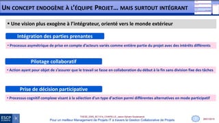 28/01/2015
THESE_EMS_BC1314_CHAPELLE_Jason-Sylvain-Soutenance
Pour un meilleur Management de Projets IT à travers la Gestion Collaborative de Projets
UN CONCEPT ENDOGÈNE À L’ÉQUIPE PROJET… MAIS SURTOUT INTÉGRANT
 Une vision plus exogène à l’intégrateur, orienté vers le monde extérieur
Pilotage collaboratif
• Action ayant pour objet de s’assurer que le travail se fasse en collaboration du début à la fin sans division fixe des tâches
Prise de décision participative
• Processus cognitif complexe visant à la sélection d'un type d'action parmi différentes alternatives en mode participatif
Intégration des parties prenantes
• Processus asymétrique de prise en compte d’acteurs variés comme entière partie du projet avec des intérêts différents
7
 
