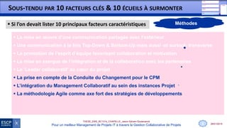 28/01/2015
THESE_EMS_BC1314_CHAPELLE_Jason-Sylvain-Soutenance
Pour un meilleur Management de Projets IT à travers la Gestion Collaborative de Projets
SOUS-TENDU PAR 10 FACTEURS CLÉS & 10 ÉCUEILS À SURMONTER
 La mise en œuvre d’une communication partagée avec l’extérieur
 Une communication à la fois Top-Down & Bottom-Up mais aussi -et surtout- transverse
 La promotion de l’esprit d’équipe favorisant collaboration et motivation
 La mise en exergue de l’intégration et de la collaboration avec les partenaires
 Le ‘Leader collaboratif’ au cœur du projet
 La prise en compte de la Conduite du Changement pour le CPM
 L’intégration du Management Collaboratif au sein des instances Projet
 La méthodologie Agile comme axe fort des stratégies de développements
 L’utilisation de process et d’outils adéquats
 La rédaction et le suivi du plan stratégique de team-building en préambule
8
 Si l’on devait lister 10 principaux facteurs caractéristiques Méthodes
 